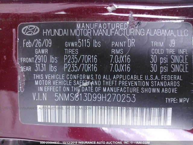 5NMSG13D99H270253 - 2009 HYUNDAI SANTA FE GLS MAROON photo 9