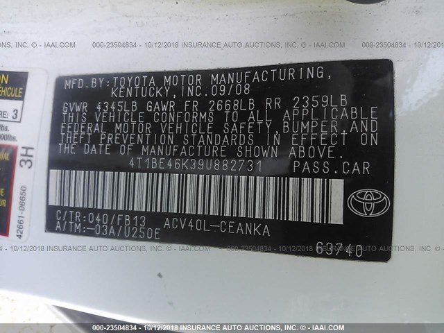 4T1BE46K39U882731 - 2009 TOYOTA CAMRY SE/LE/XLE თეთრი ფოტო 9