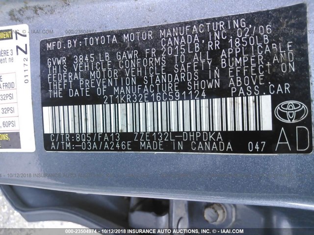 2T1KR32E16C591124 - 2006 TOYOTA COROLLA MATRIX XR BLUE photo 9