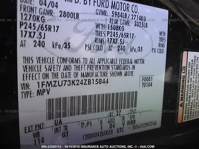 1FMZU73K24ZB15844 - 2004 FORD EXPLORER XLT/XLT SPORT/NBX 黑色 照片 9