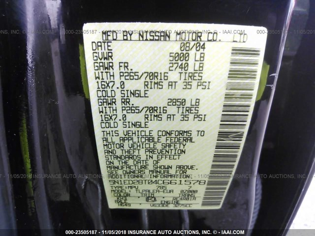 5N1ED28T04C661578 - 2004 NISSAN XTERRA XE/SE BLACK photo 9