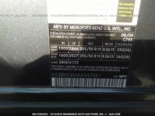 4JGBB5GB4AA547061 - 2010 MERCEDES-BENZ ML 350 GRAY photo 9