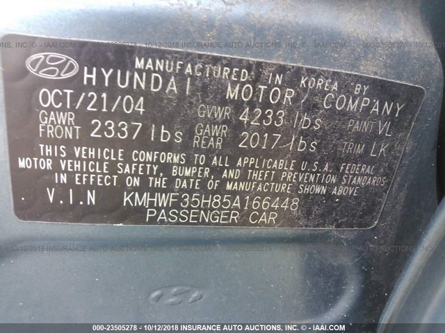 KMHWF35H85A166448 - 2005 HYUNDAI SONATA GLS/LX BLUE photo 9