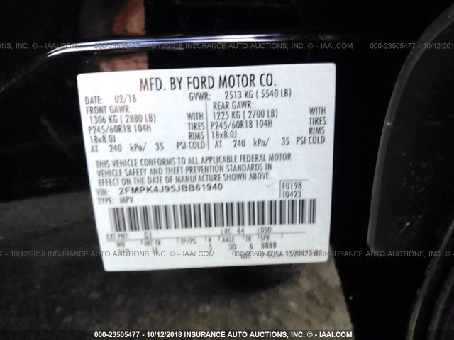 2FMPK4J95JBB61940 - 2018 FORD EDGE SEL BLACK photo 9