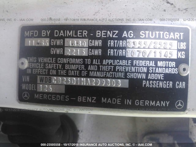 WDBCB25D1HA299808 - 1987 MERCEDES-BENZ 300 SDL WHITE photo 9