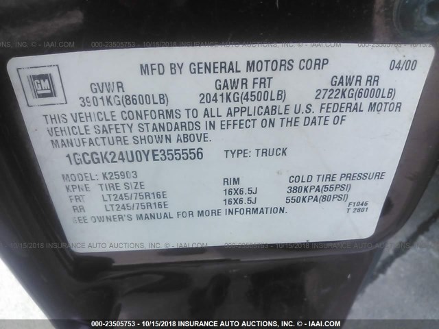 1GCGK24U0YE355556 - 2000 CHEVROLET SILVERADO K2500 BURGUNDY photo 9