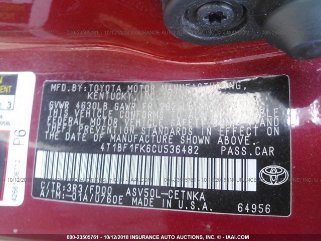 4T1BF1FK6CU536482 - 2012 TOYOTA CAMRY SE/LE/XLE RED photo 9