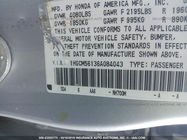 1HGCM56136A084043 - 2006 HONDA ACCORD VALUE SILVER photo 9