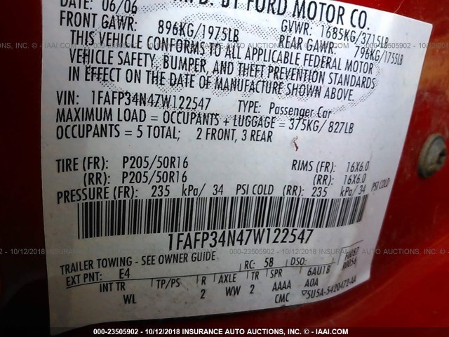 1FAFP34N47W122547 - 2007 FORD FOCUS ZX4/S/SE/SES 红色 照片 9