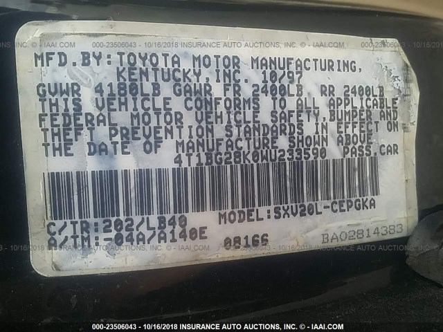 4T1BG28K0WU233590 - 1998 TOYOTA CAMRY CE/LE/XLE 黑色 照片 9