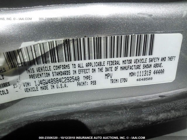 1J4GW48S84C292540 - 2004 JEEP GRAND CHEROKEE LAREDO/COLUMBIA/FREEDOM 银色 照片 9