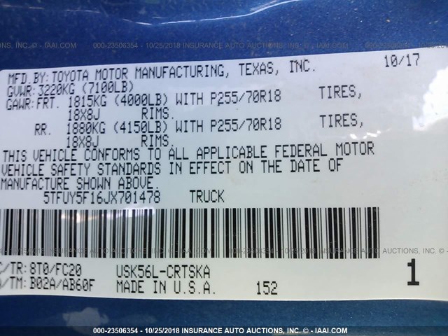 5TFUY5F16JX701478 - 2018 TOYOTA TUNDRA DOUBLE CAB SR/SR5 BLUE photo 9