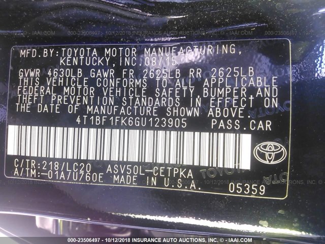 4T1BF1FK6GU123905 - 2016 TOYOTA CAMRY LE/XLE/SE/XSE 黑色 照片 9