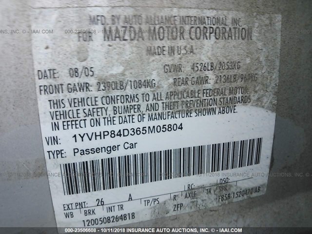 1YVHP84D365M05804 - 2006 MAZDA 6 S SILVER photo 9