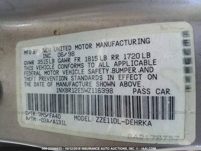 1NXBR12E5WZ116398 - 1998 TOYOTA COROLLA VE/CE/LE 金色 照片 9