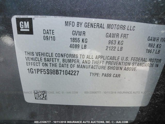 1G1PF5S98B7104227 - 2011 CHEVROLET CRUZE LT GRAY photo 9