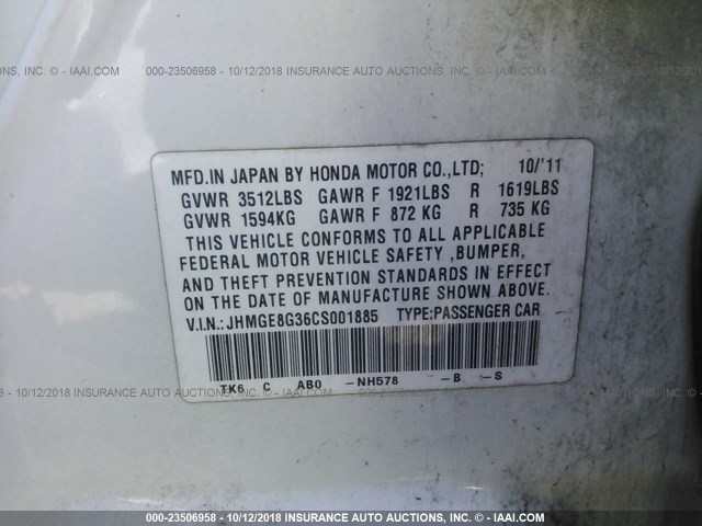 JHMGE8G36CS001885 - 2012 HONDA FIT WHITE photo 9