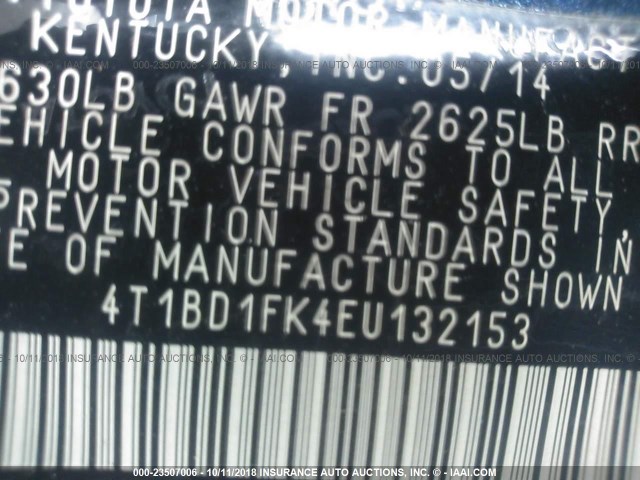 4T1BD1FK4EU132153 - 2014 TOYOTA CAMRY HYBRID/LE/XLE 蓝色 照片 9