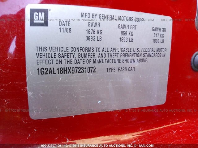 1G2AL18HX97231072 - 2009 PONTIAC G5 RED photo 9