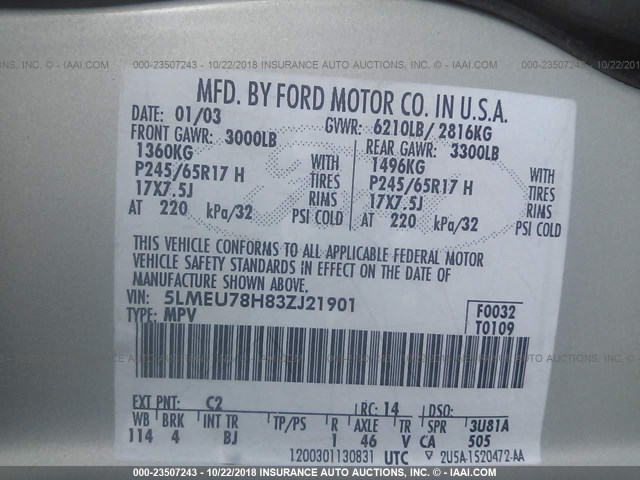 5LMEU78H83ZJ21901 - 2003 LINCOLN AVIATOR 棕色 照片 9