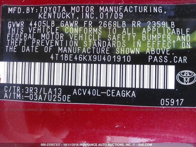 4T1BE46KX9U401910 - 2009 TOYOTA CAMRY SE/LE/XLE RED photo 9
