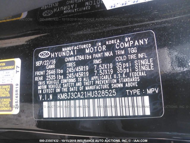 KM8J3CA21HU328525 - 2017 HYUNDAI TUCSON LIMITED/SPORT AND ECO/SE BLACK photo 9