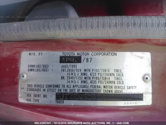 JT4RN50R2H0299040 - 1987 TOYOTA PICKUP 1/2 TON RN50 RED photo 9