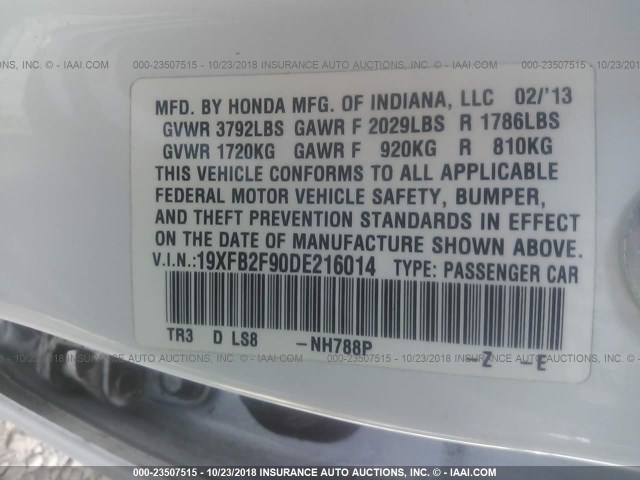 19XFB2F90DE216014 - 2013 HONDA CIVIC EXL WHITE photo 9