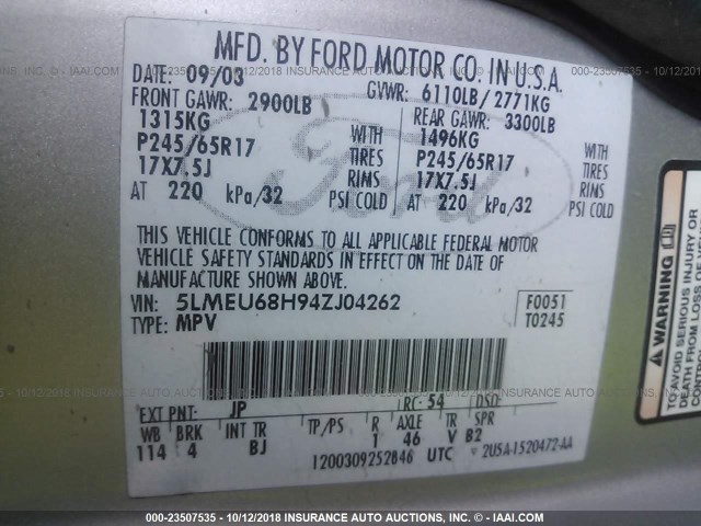 5LMEU68H94ZJ04262 - 2004 LINCOLN AVIATOR 银色 照片 9