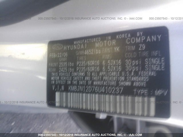 KM8JN12D76U410237 - 2006 HYUNDAI TUCSON GLS/LIMITED SILVER photo 9