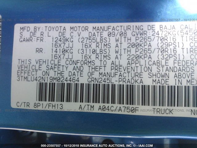 3TMLU42N19M024464 - 2009 TOYOTA TACOMA DOUBLE CAB 蓝色 照片 9