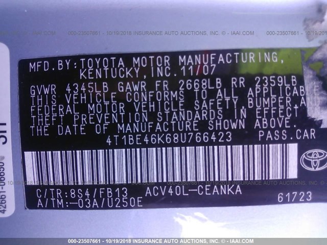 4T1BE46K68U766423 - 2008 TOYOTA CAMRY CE/LE/XLE/SE Light Blue photo 9