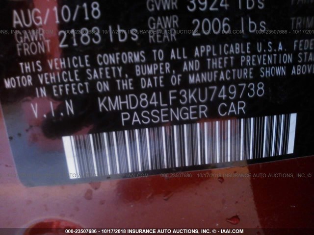 KMHD84LF3KU749738 - 2019 HYUNDAI ELANTRA SEL/VALUE/LIMITED RED photo 9