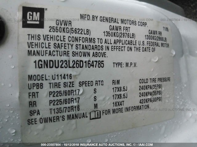 1GNDU23L26D164785 - 2006 CHEVROLET UPLANDER LS WHITE photo 9