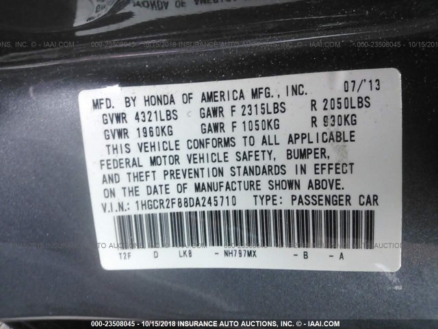 1HGCR2F88DA245710 - 2013 HONDA ACCORD EXL GRAY photo 9