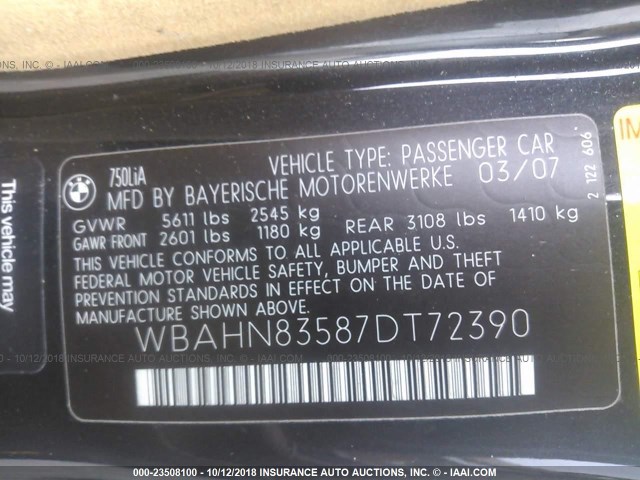 WBAHN83587DT72390 - 2007 BMW 750 BLACK photo 9