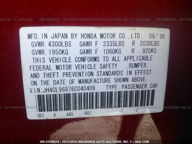 JH4CL96876C040409 - 2006 ACURA TSX RED photo 9