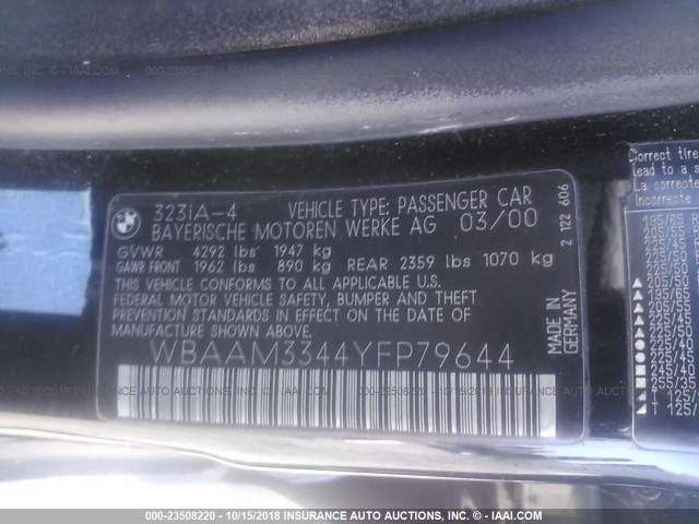 WBAAM3344YFP79644 - 2000 BMW 323 I BLACK photo 9