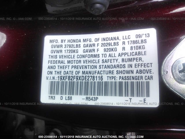 19XFB2F9XDE278116 - 2013 HONDA CIVIC EXL 栗色 照片 9