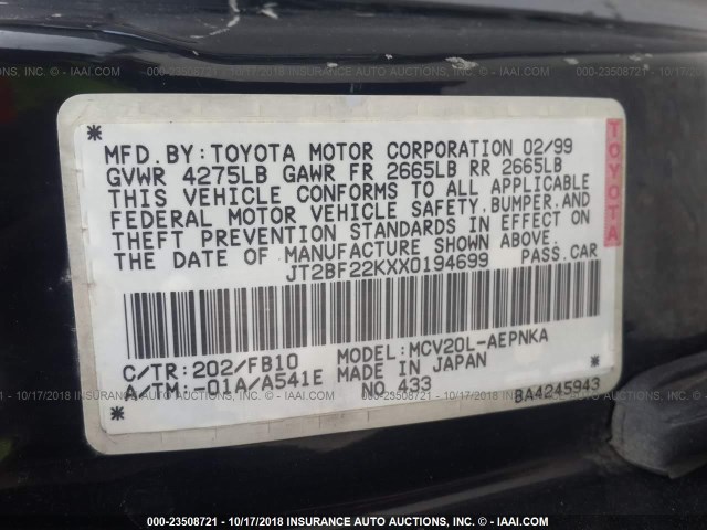 JT2BF22KXX0194699 - 1999 TOYOTA CAMRY LE/XLE BLACK photo 9