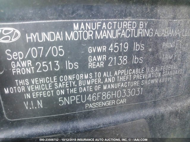 5NPEU46F86H033031 - 2006 HYUNDAI SONATA GLS/LX BLACK photo 9