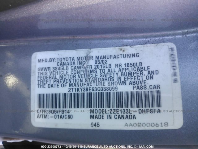 2T1KY38E63C038099 - 2003 TOYOTA COROLLA MATRIX XRS BLUE photo 9
