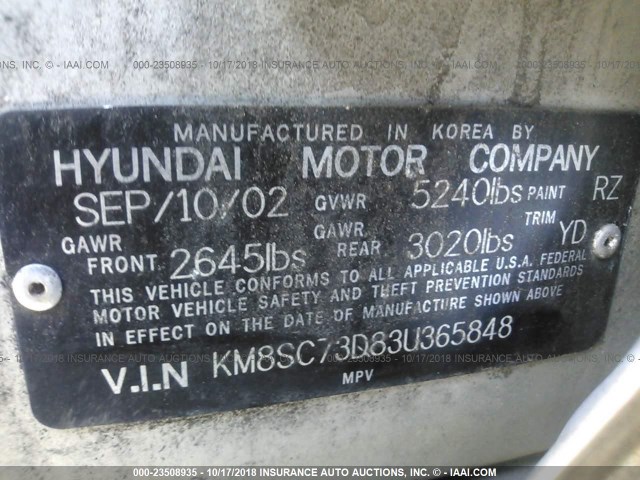 KM8SC73D83U365848 - 2003 HYUNDAI SANTA FE GLS/LX SILVER photo 9