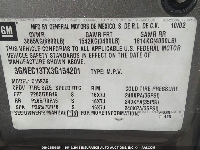 3GNEC13TX3G154201 - 2003 CHEVROLET AVALANCHE C1500 GRAY photo 9