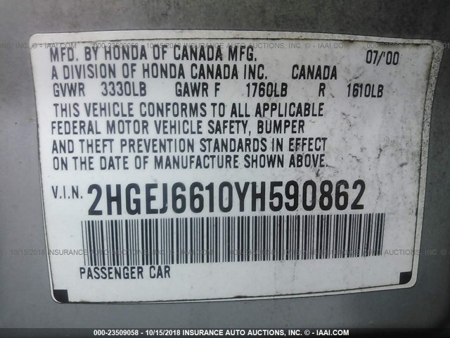 2HGEJ6610YH590862 - 2000 HONDA CIVIC SE SILVER photo 9