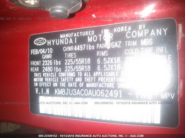 KM8JU3AC0AU062491 - 2010 HYUNDAI TUCSON GLS/LIMITED 红色 照片 9