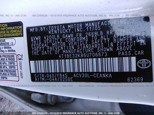 4T1BE32K86U706673 - 2006 TOYOTA CAMRY LE/XLE/SE WHITE photo 9