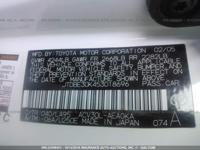 JTDBE30K453018696 - 2005 TOYOTA CAMRY LE/XLE/SE 白色 照片 9