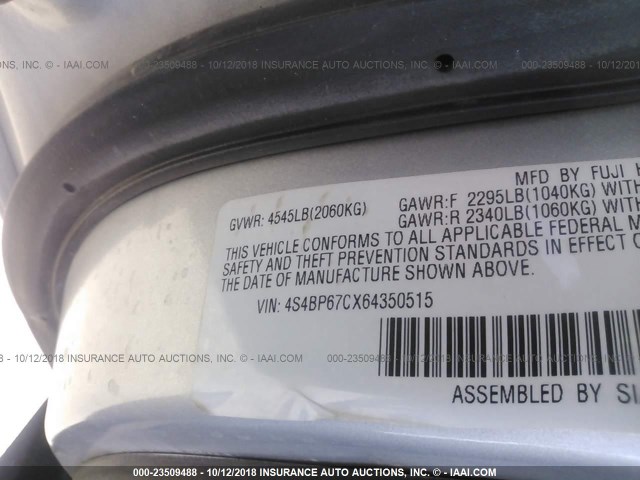 4S4BP67CX64350515 - 2006 SUBARU LEGACY OUTBACK 2.5 XT LIMITED SILVER photo 9