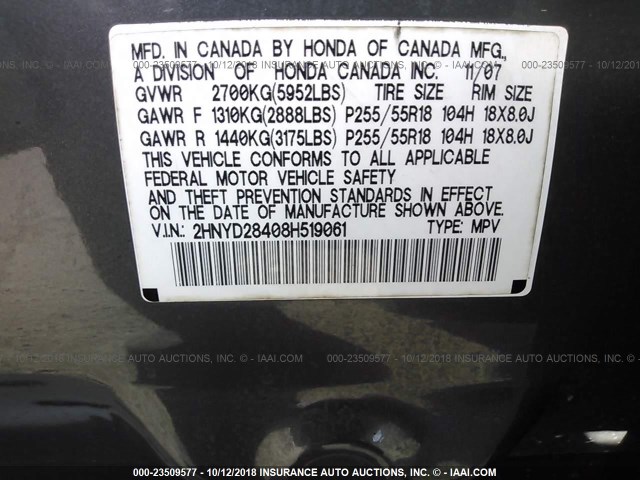 2HNYD28408H519061 - 2008 ACURA MDX TECHNOLOGY GRAY photo 9